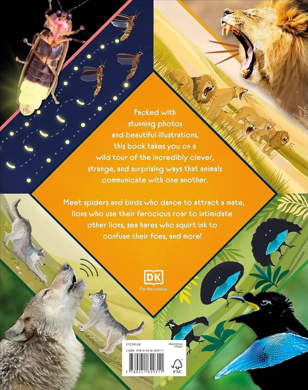 The back cover of a wildlife book featuring photos and illustrations of insects, birds, lions, sea otters, and wolves with a description of the book's content.