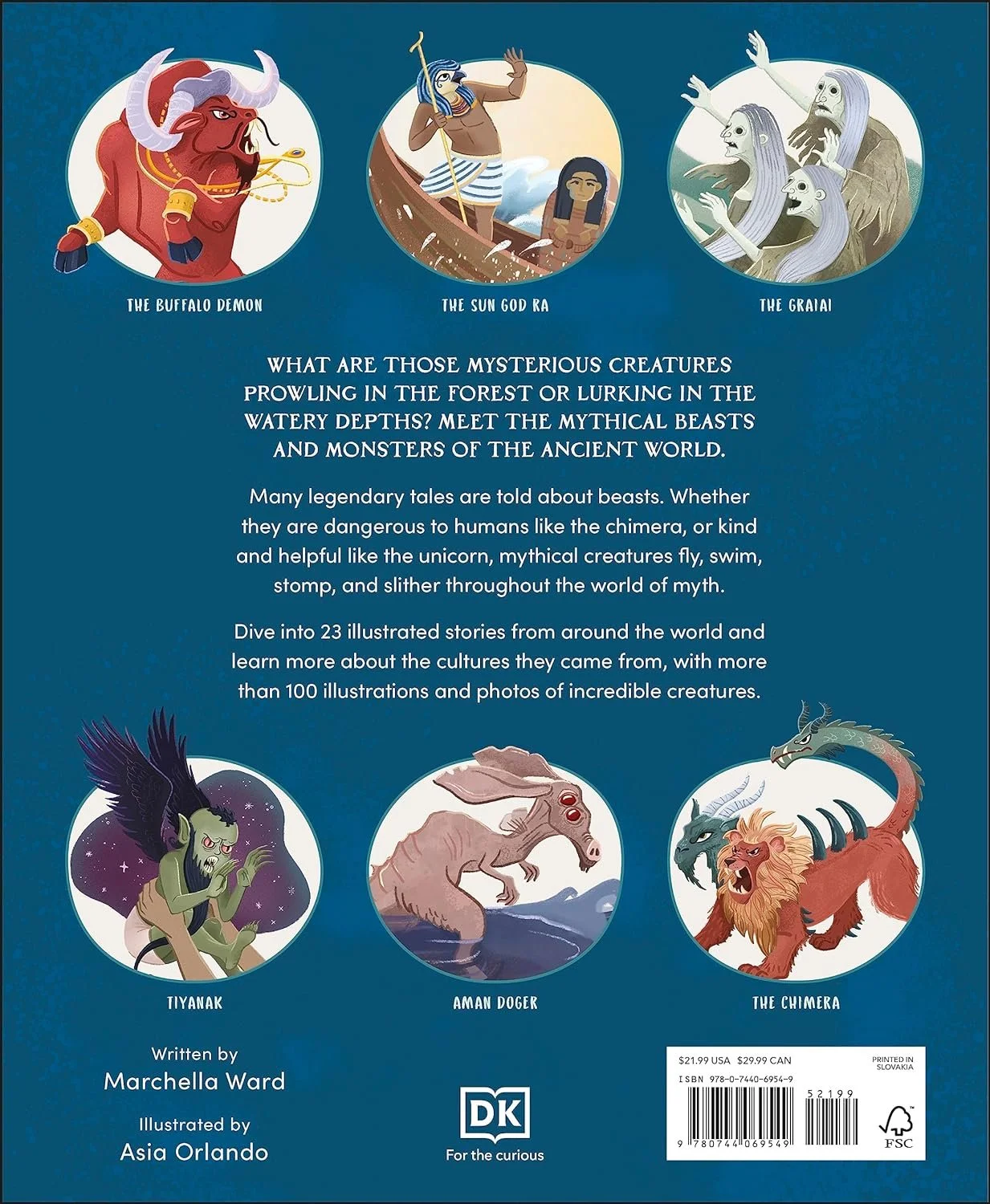 Back cover of a book about mythological creatures. Features illustrations of a buffalo demon, sun god Ra, gremlins, Tiyanak, Aman Doger, and Chimera. Text describes mythological beasts from around the world.