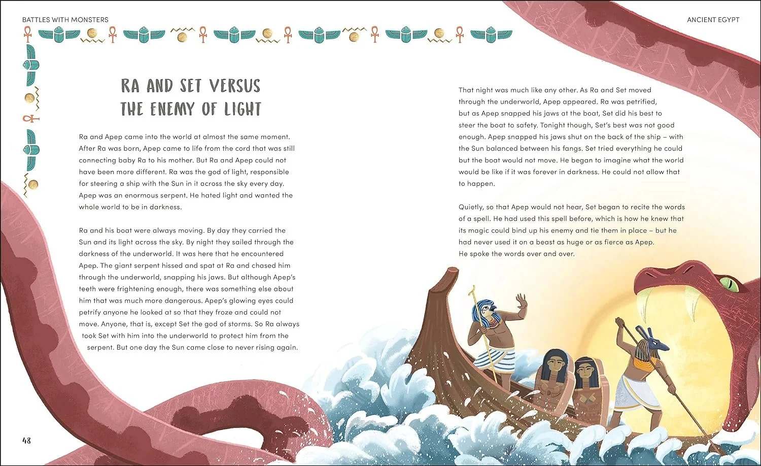 An illustration from an Egyptian mythology story depicting Ra and Set in a boat with two other figures, confronting a large serpent with a crocodile head in turbulent water, with a massive crocodile head in the background.