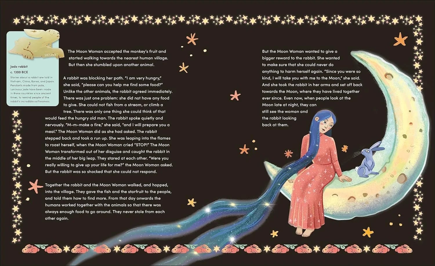 Illustration of a woman with long blue hair and a pink dress sitting on a crescent moon, with a small rabbit beside her. A starry night background with decorative borders.