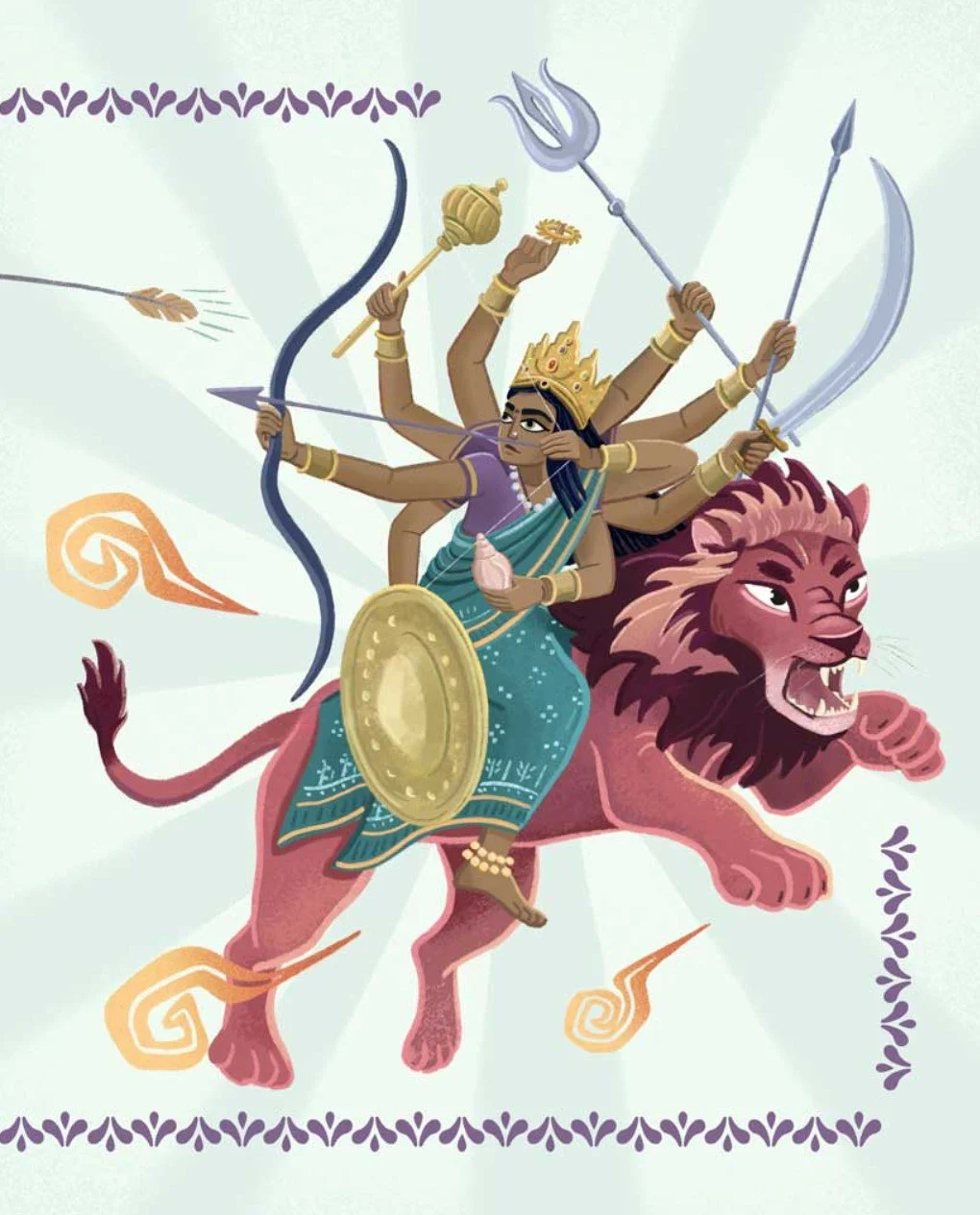 A multi-armed goddess riding a pink lion, holding weapons, with a crown and gold jewelry, in a stylized illustration inspired by Hindu mythology.