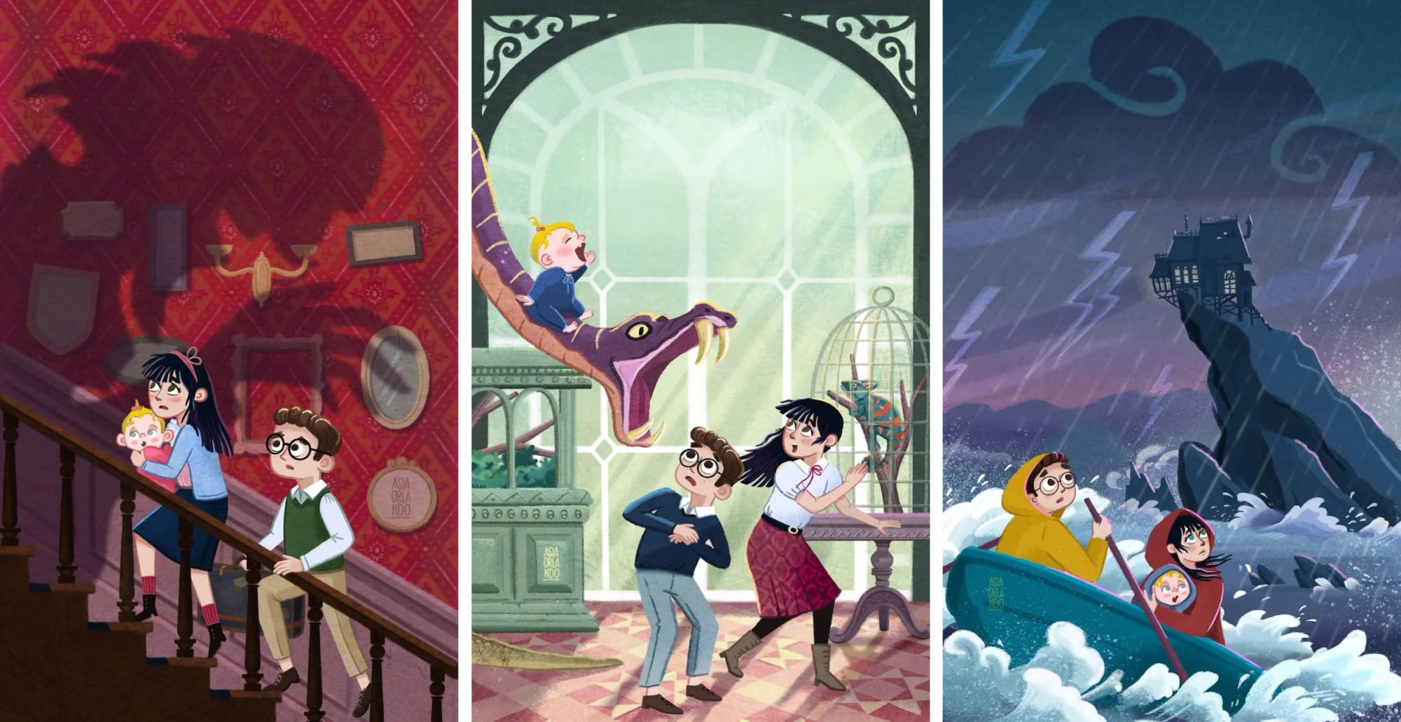 A Series of Unfortunate Events book covers illustrated by Asia Orlando.