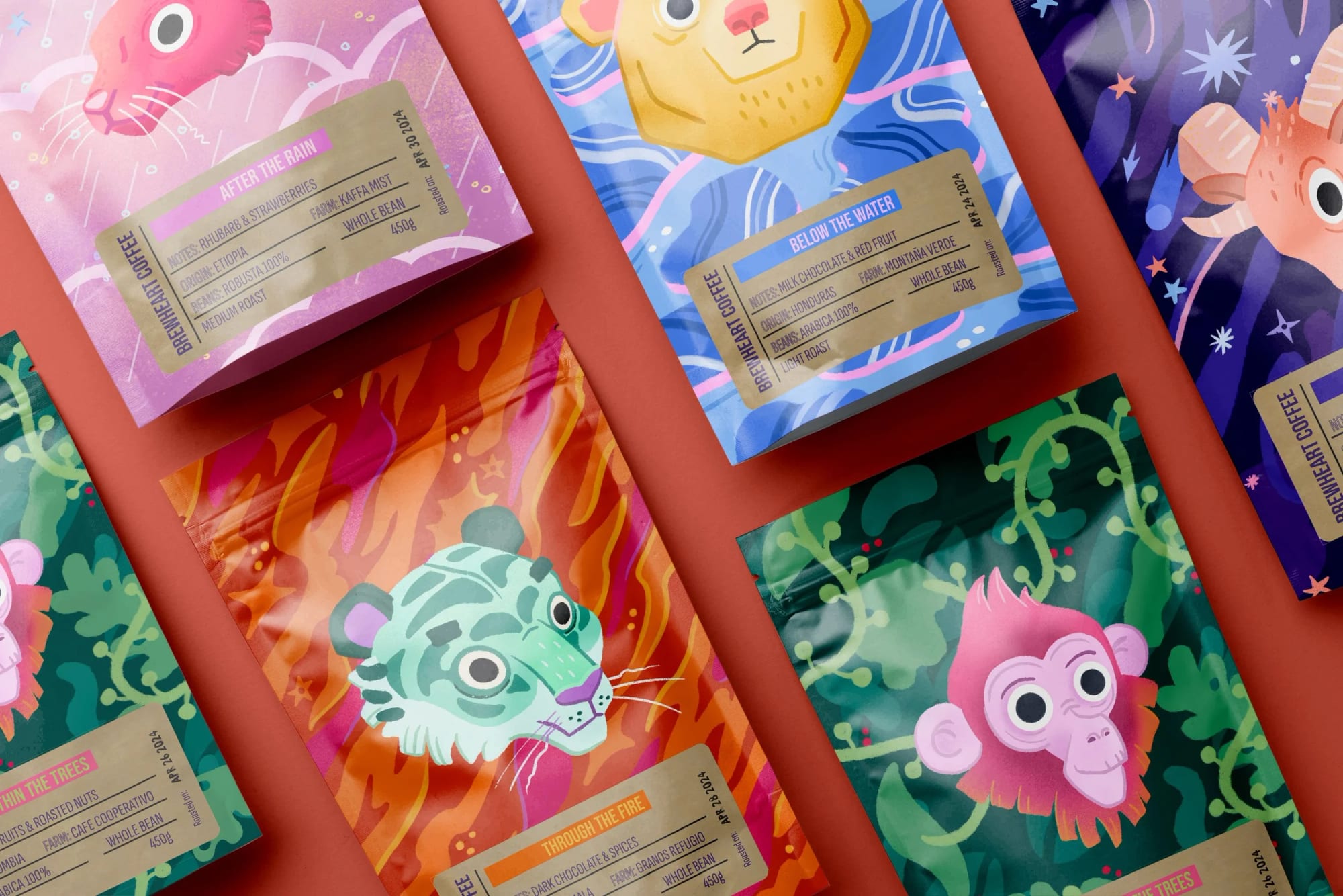 Colorful coffee bags with animal illustrations and themed names like 'Below the Water,' 'Through the Fire,' and 'In the Trees,' each featuring different animals and vibrant background designs.