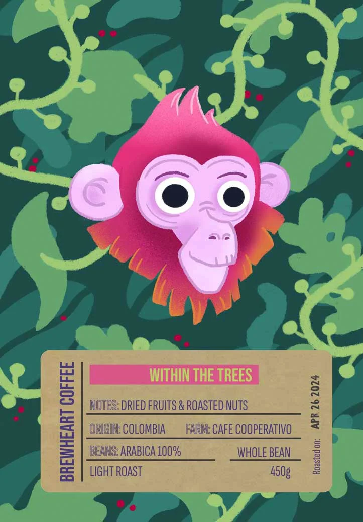 Cartoon illustration of a pink and purple monkey with big eyes, surrounded by green foliage and vines.