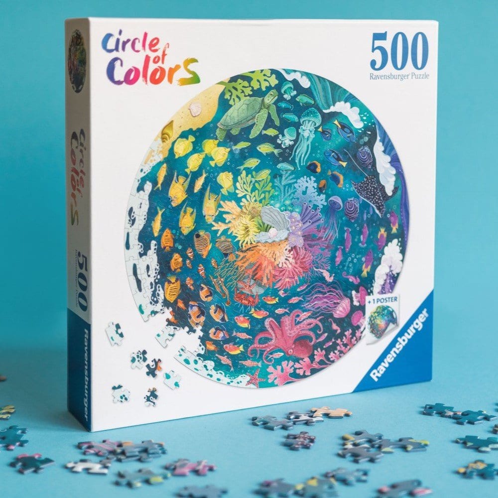Detail of the underwater wildlife, fish, plants and sea creatures arranged in a colour-wheel composition.