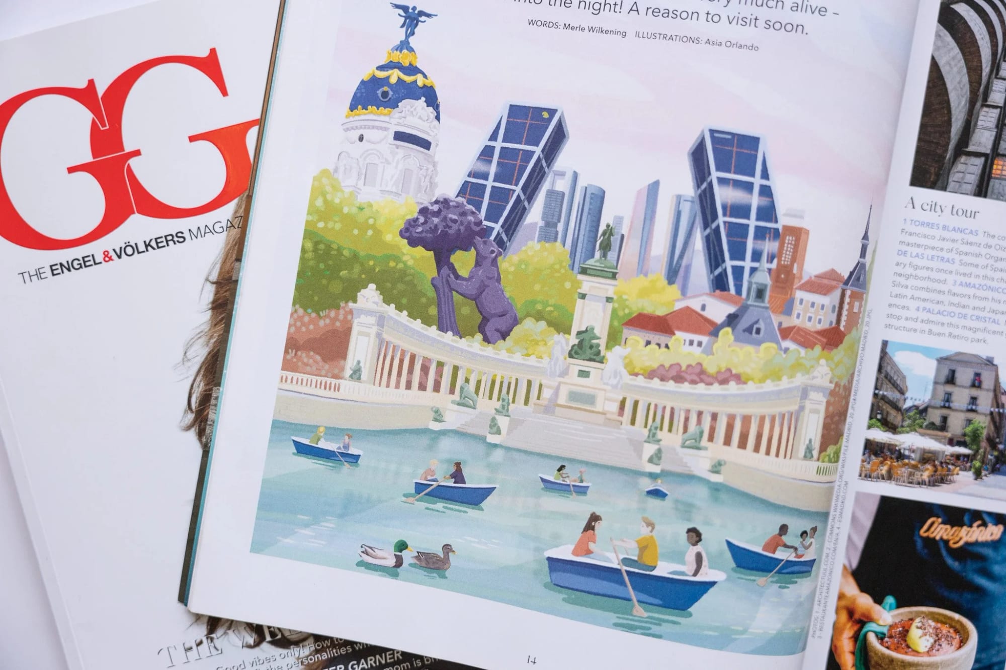 Illustration of a cityscape featuring modern skyscrapers, historic buildings, a park with trees, a fountain with sculptures, and people boating in a waterway.