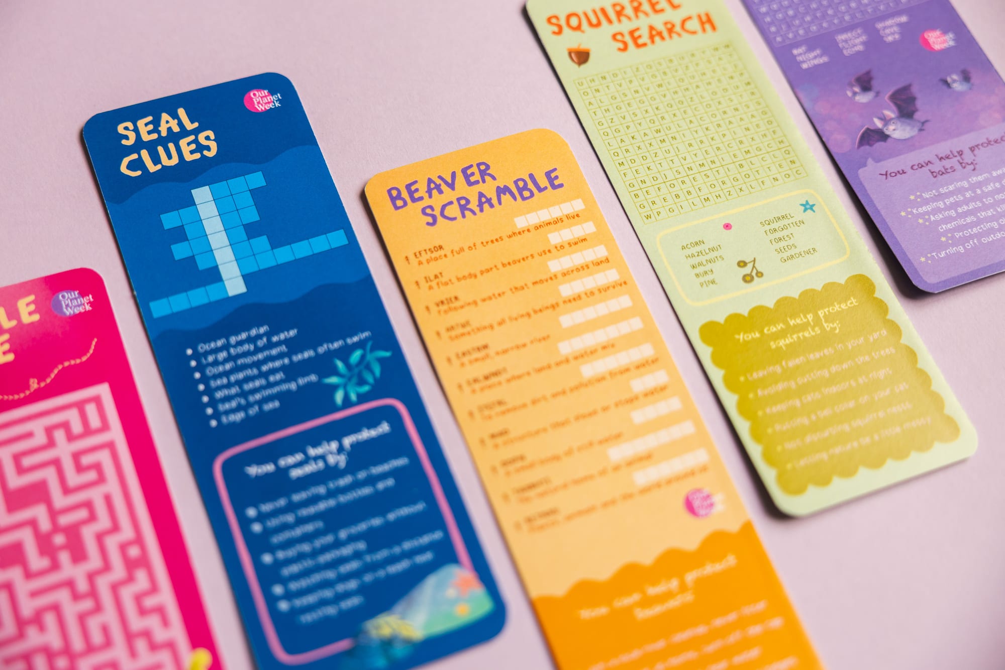 Backs of the bookmarks, mini puzzles, crosswords, scrambles and word searches.