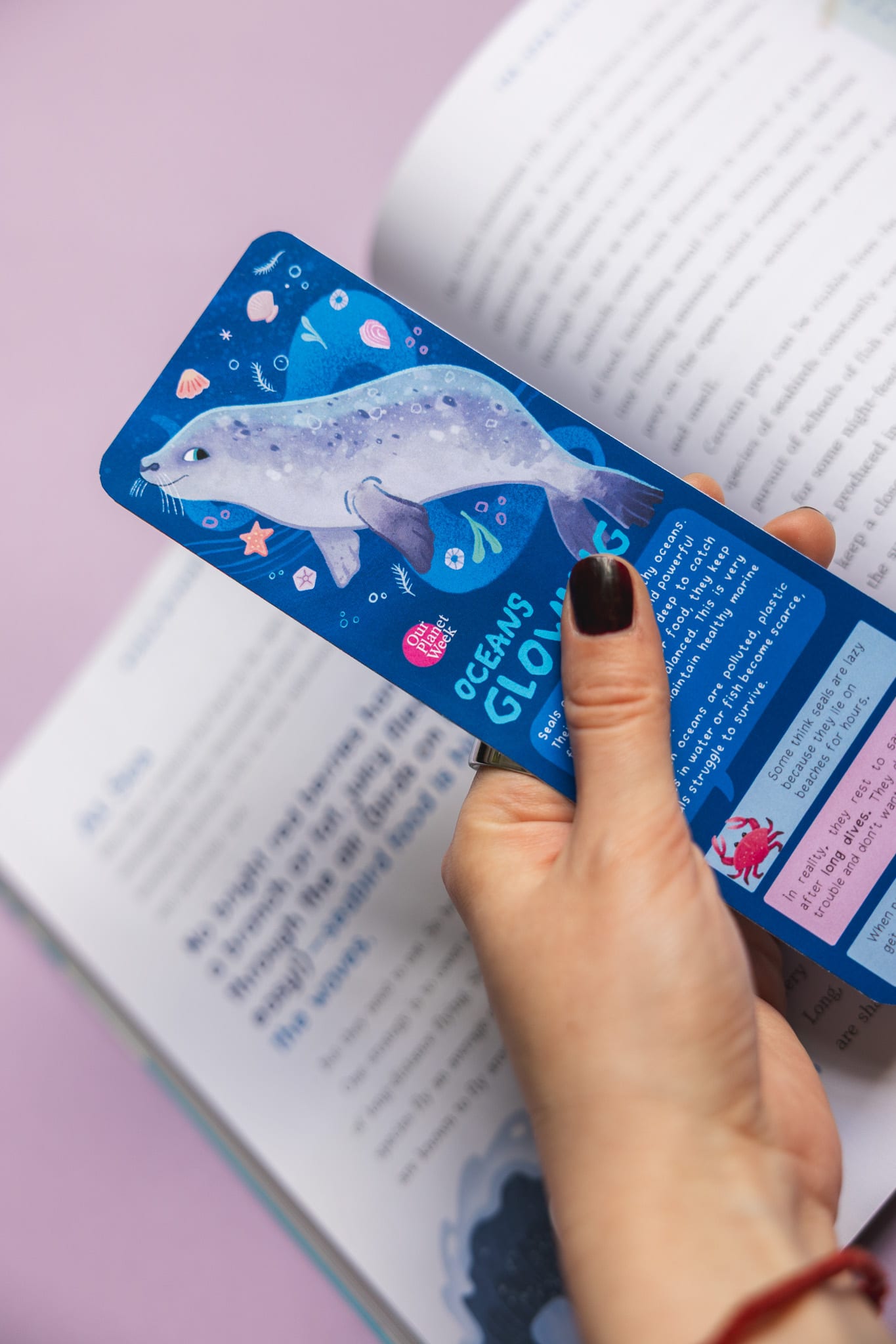 Seal bookmark close-up, Oceans Glowing.