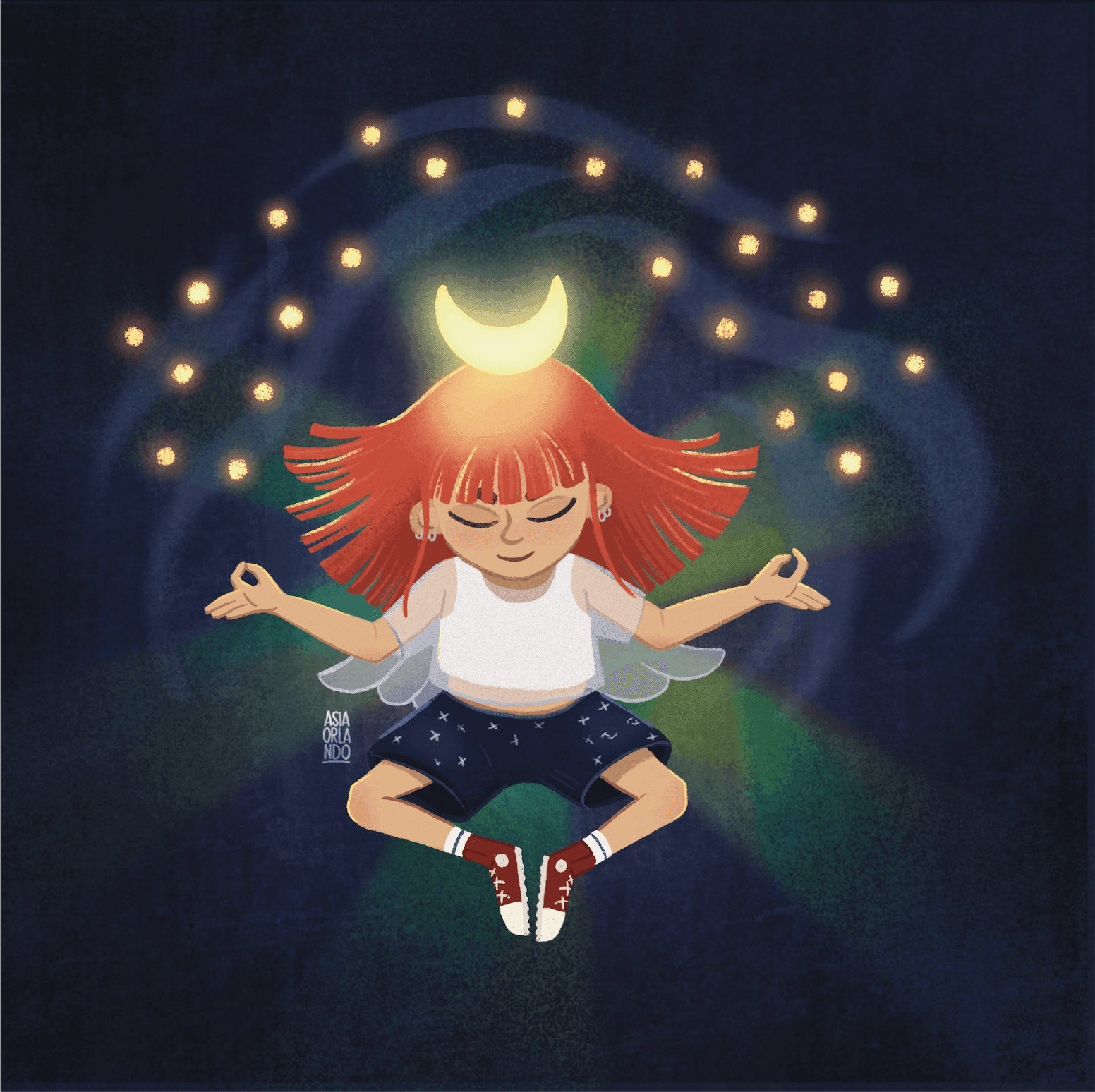A girl with red hair floating in a dark space surrounded by a glowing crescent moon and stars.