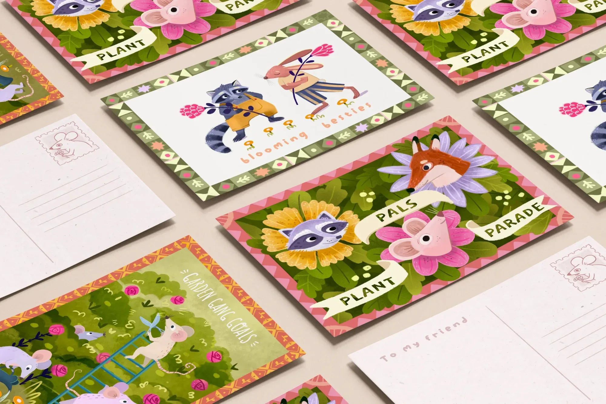 Friendship Postcards grid, Blooming Besties, Pals Parade and Plant Pals laid out together.