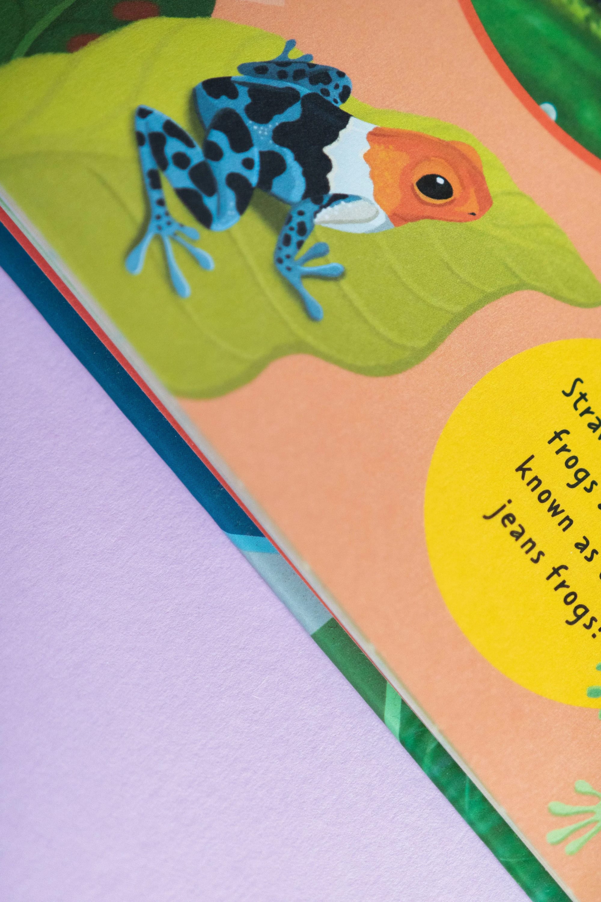 Illustration of a tyrian crest frog on a green leaf with text about frogs.
