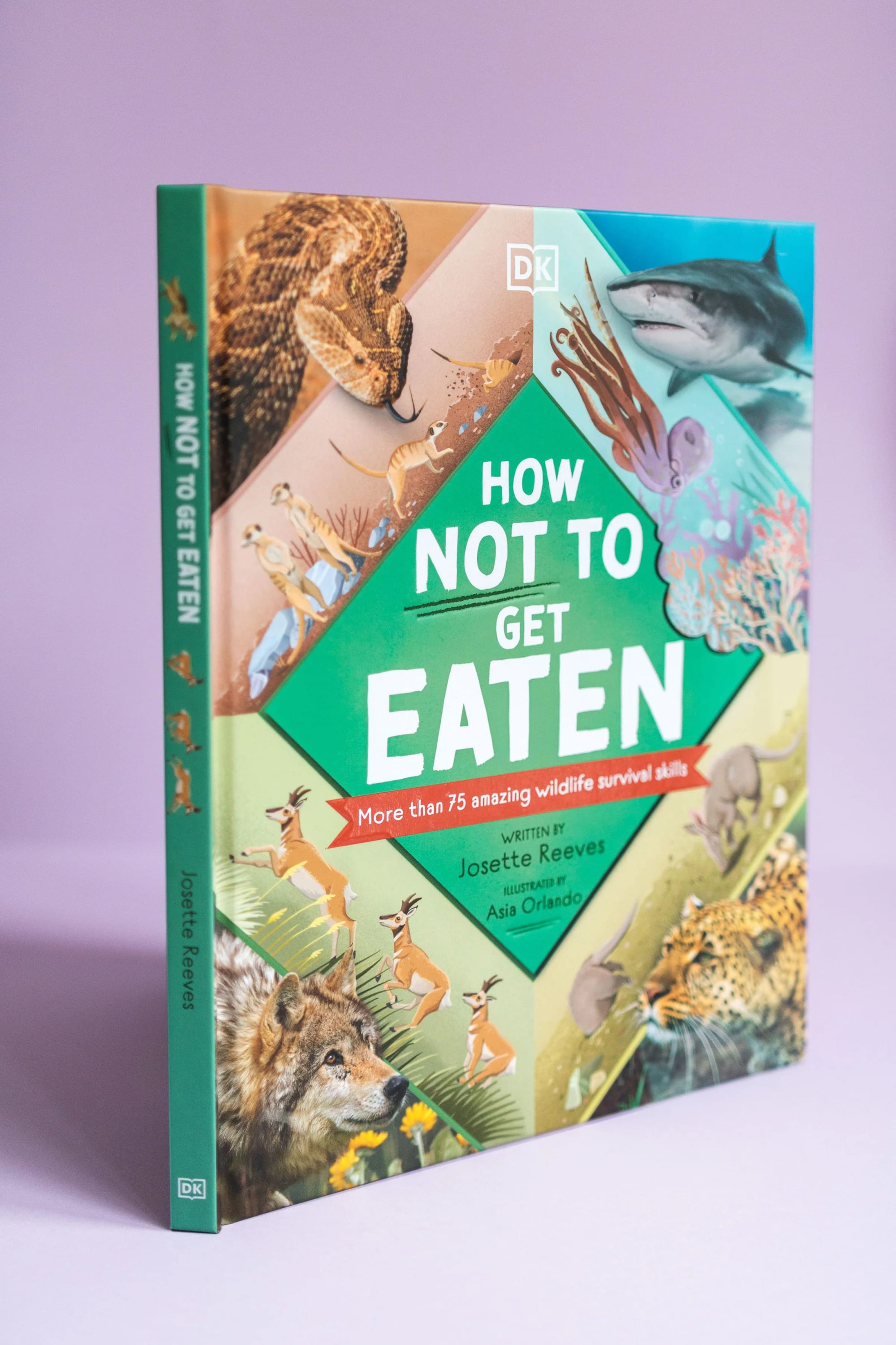 Children's book titled 'How Not to Get Eaten' with illustrations of various wild animals including a snake, lion, whale, octopus, elephant, and cheetah.