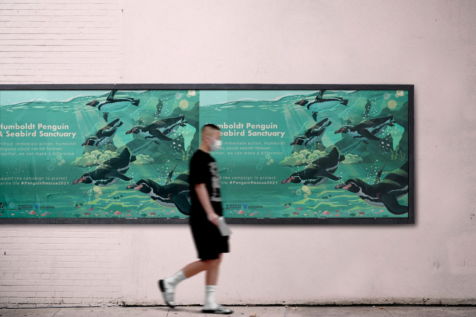 Campaign artwork shown applied to a wall mural / aquarium-display context.