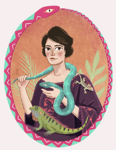 Animated illustration of a woman holding a smartphone with a green snake and two small lizards wrapped around her arms, set against a pink and teal patterned oval background with a pink snake at the top.