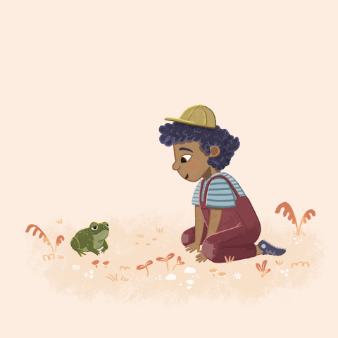 Animated illustration of a young boy with curly hair in a yellow cap, blue striped shirt and overalls, crouching to look at a small green frog in a grassy area with plants and flowers.