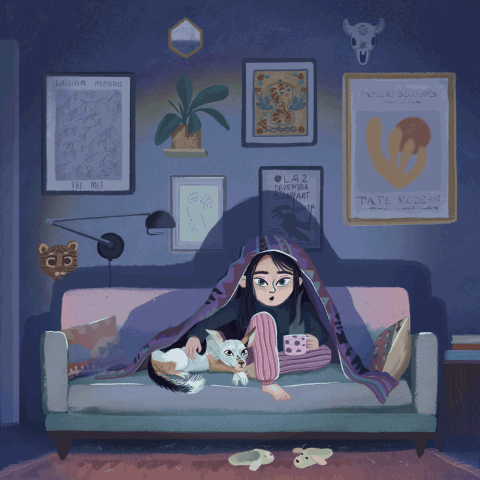 A girl sitting on a couch with a white cat, holding a gaming controller, in a dimly lit room decorated with wall art and plants, animated illustration by Asia Orlando.