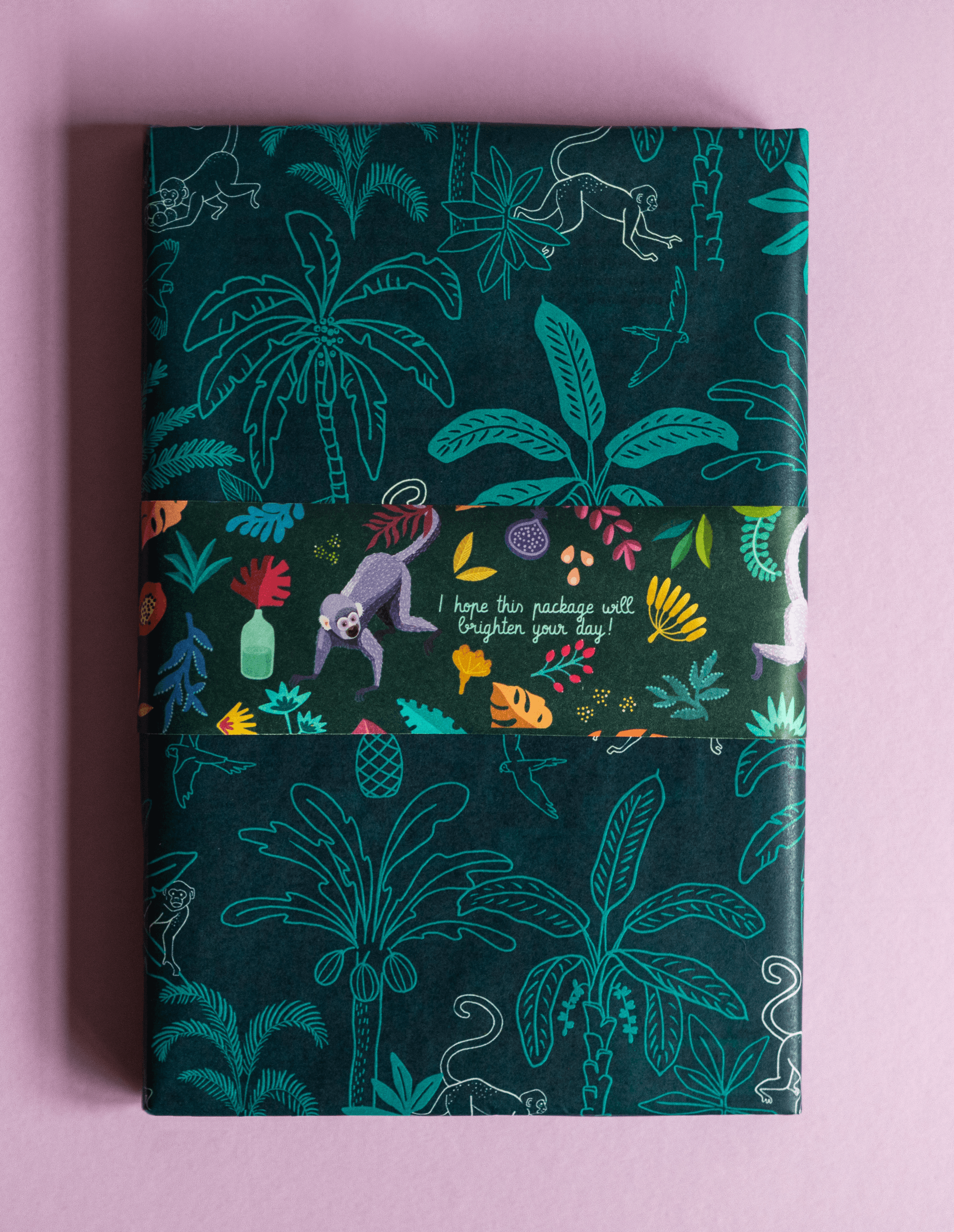 Tropical animals, monkey, plants and pattern detail.