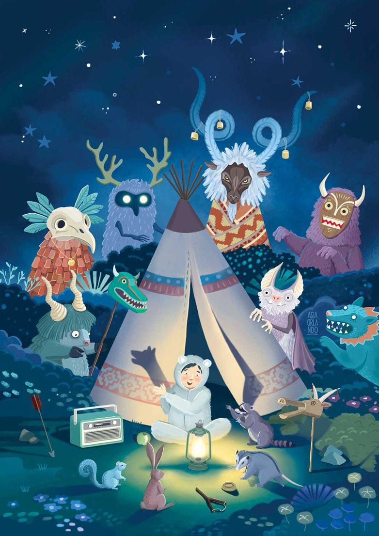 Nighttime tales, a little adventurer sits inside a glowing tipi, performing shadow theater for forest animals while fantastical creatures gather under a starry sky.