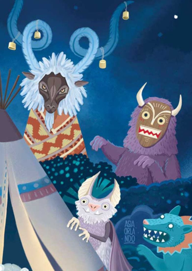 Detail, the tall blue-horned creature with antique bells and the purple horned monster crouched at the right side of the scene.