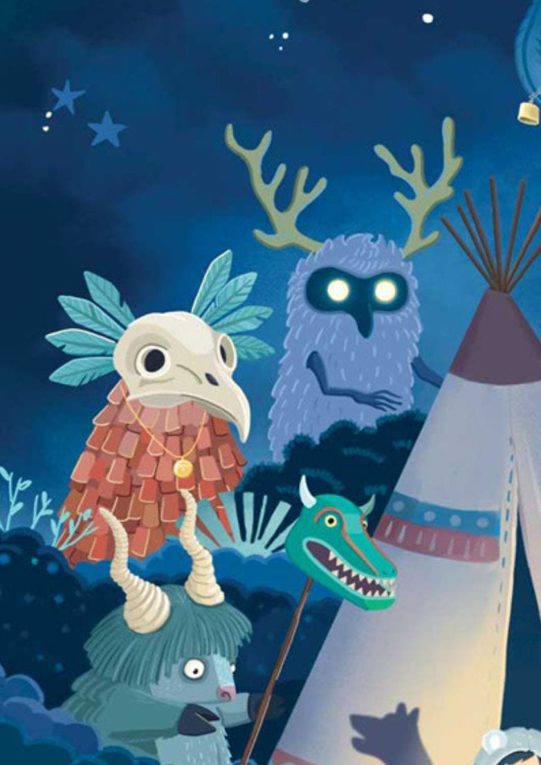 Detail, skull-headed bird creature with feathered cloak, blue-eyed antlered owl, and a green crocodile shadow puppet beside the tipi.