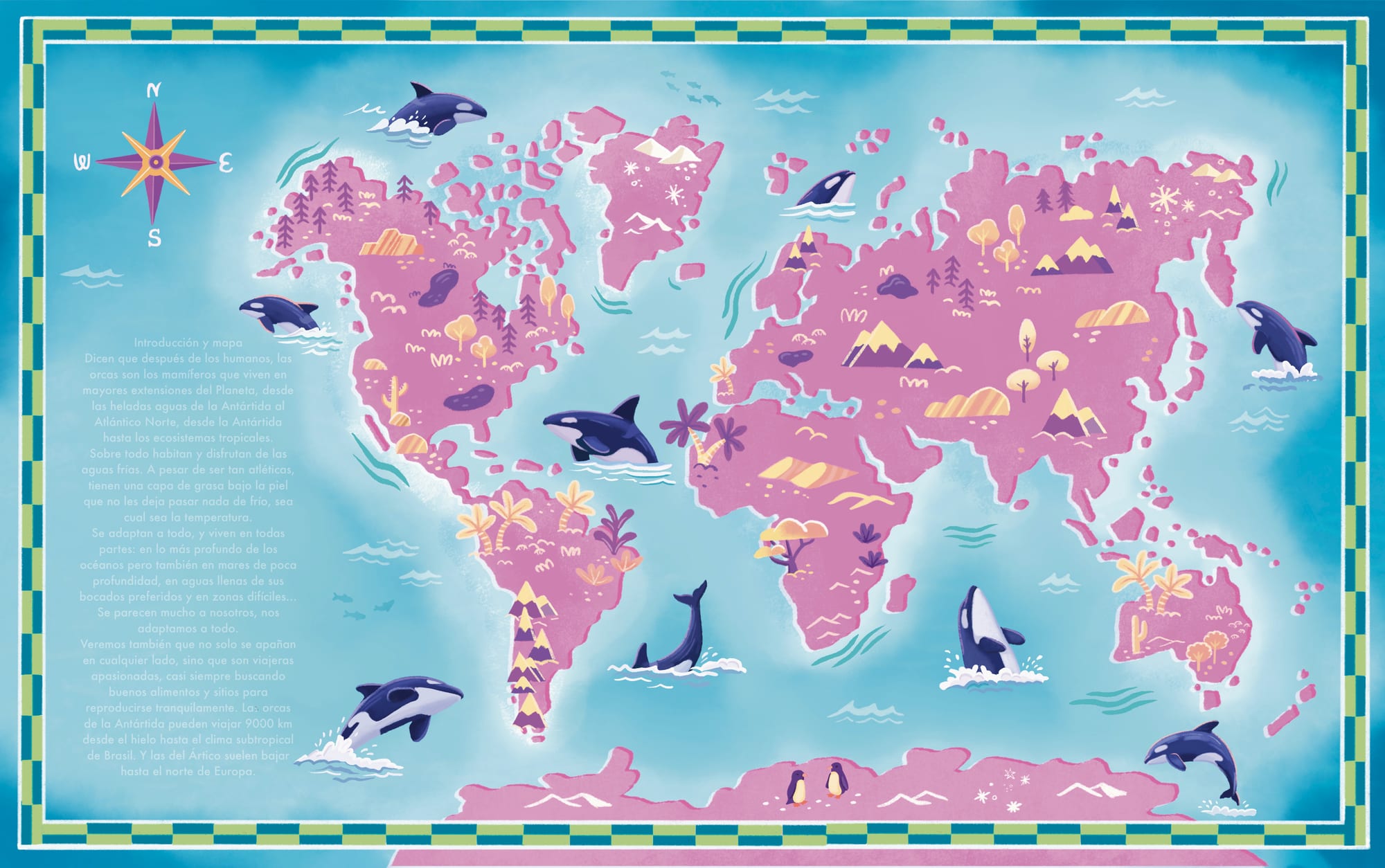 World map spread showing orca habitats from the poles to the tropics.