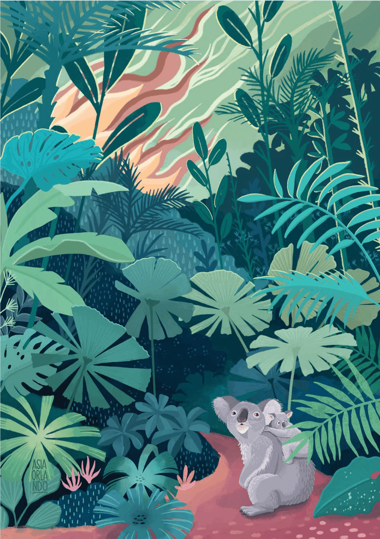 Illustration of a lush jungle scene with dense green tropical plants and a winding path. In the foreground, a koala with a baby koala on its back sits on the path.