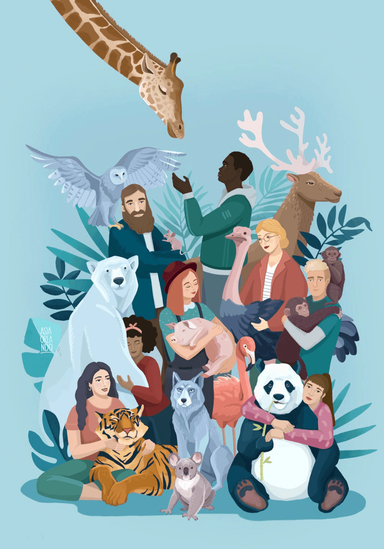 Illustration of diverse people surrounded by various animals including giraffe, owl, polar bear, tiger, wolf, panda, and more, set against a light blue background.