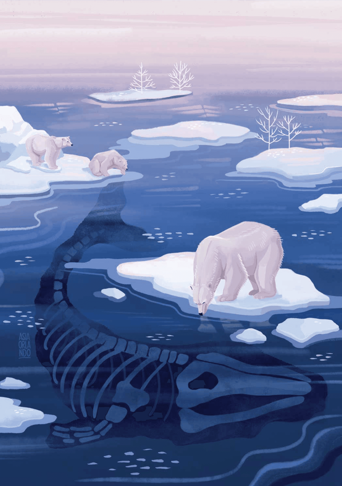 Polar bears on ice floes in Arctic, with a whale skeleton visible beneath the icy water.
