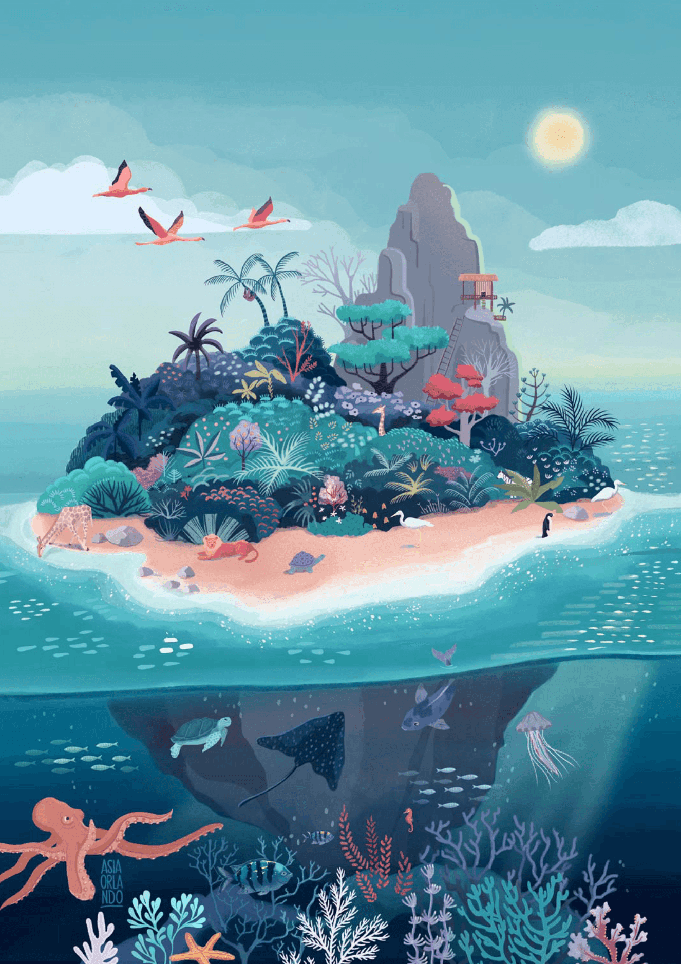 An illustrated tropical island with lush vegetation, animals, birds flying in the sky, and marine life including a turtle, manta ray, octopus, and fish underwater.
