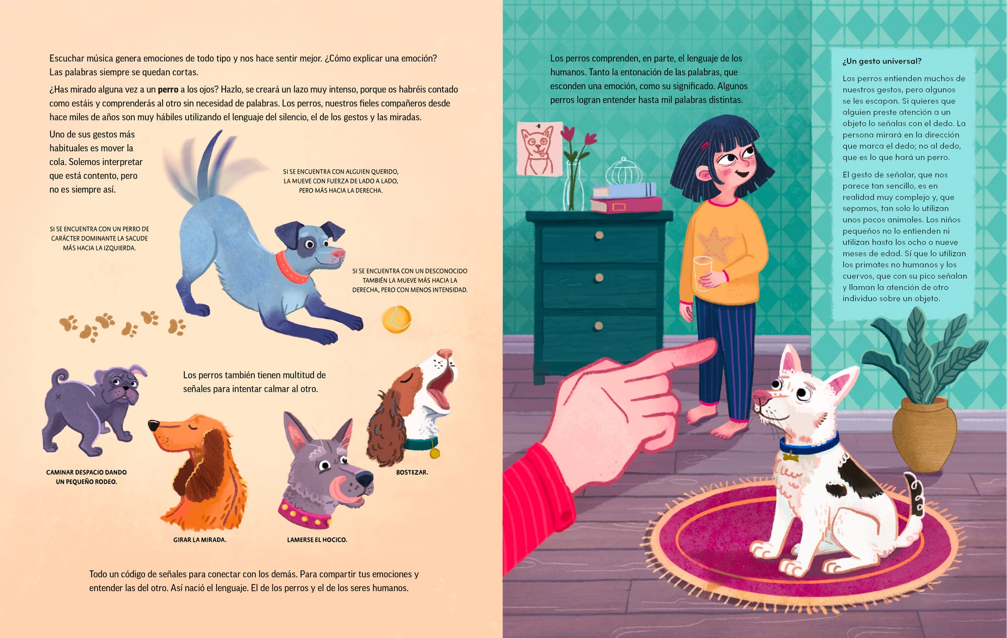 Plantas que Hablan, dog body language spread, illustrated by Asia Orlando for Editorial Flamboyant.