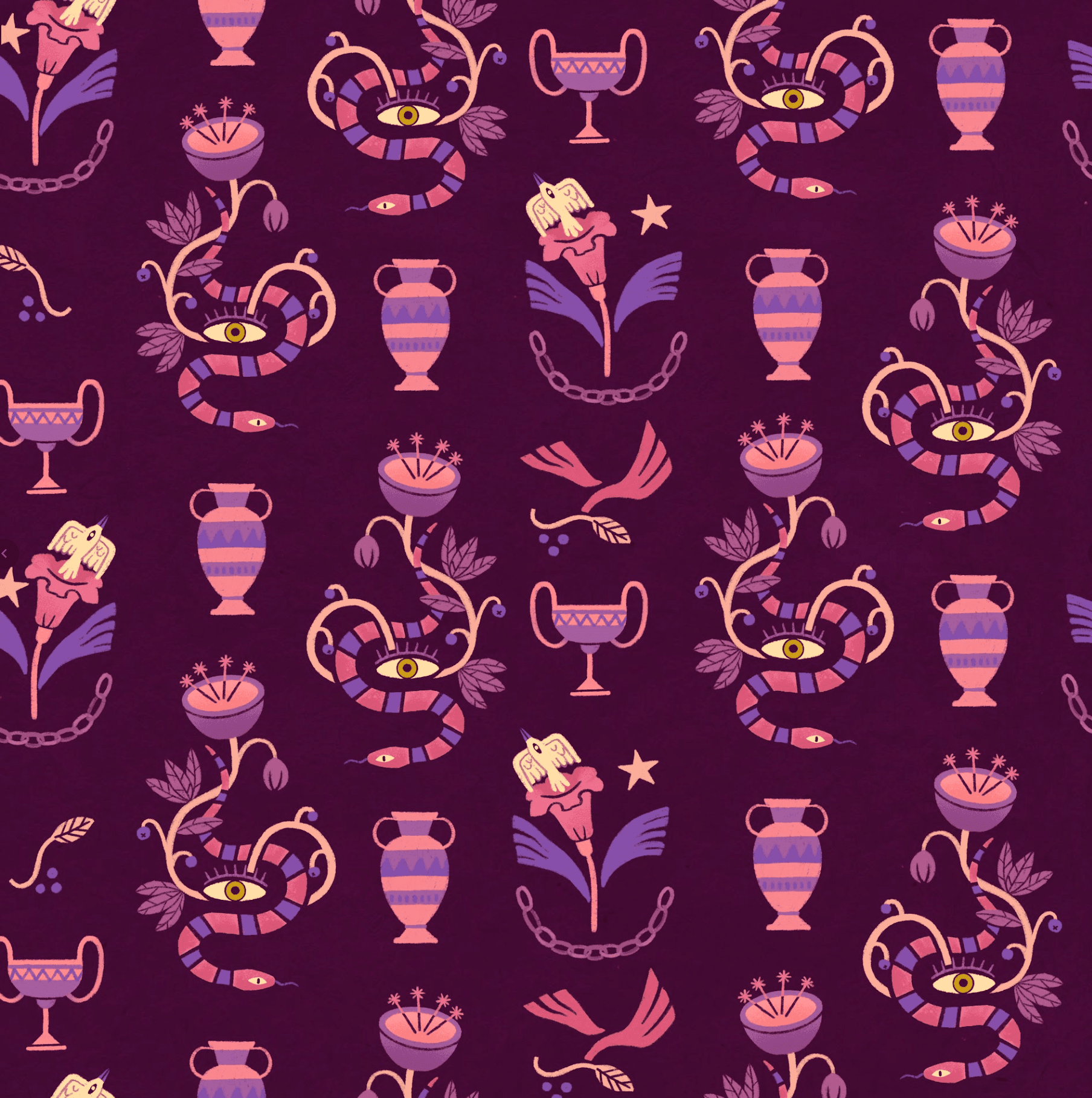 A repeating pattern with purple and pink fantasy-style creatures, vases, urns, a winged unicorn, a snake with an eye, and various ornamental elements on a dark purple background.