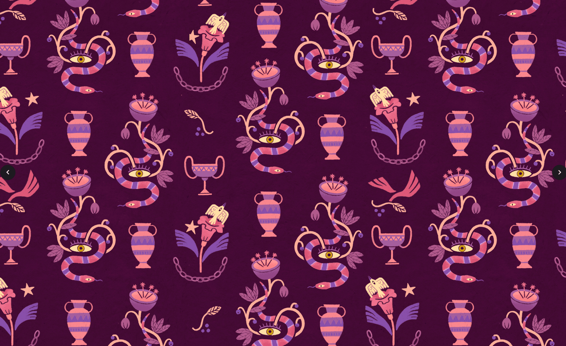 Pattern of purple snakes with yellow eyes, pink and purple vases, pink flowers with white wings, yellow stars, and chains on a dark purple background.