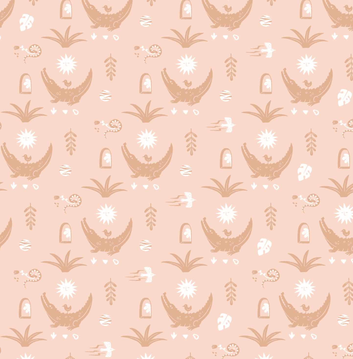 Pattern with crocodiles, palm trees, circular symbols, arrows, birds, and abstract shapes in shades of beige and white on a pink background.