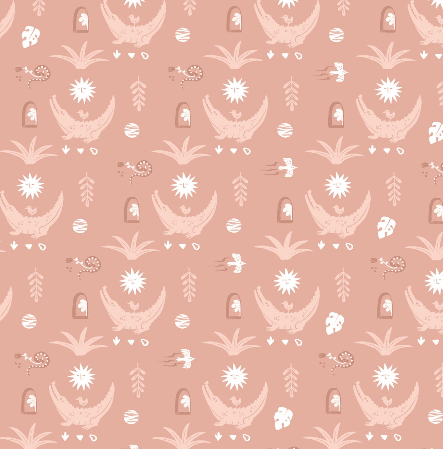 A repeating pattern with a cartoonish crocodile and a small bird on its back, surrounded by plants, moons, and abstract shapes, on a pinkish background.