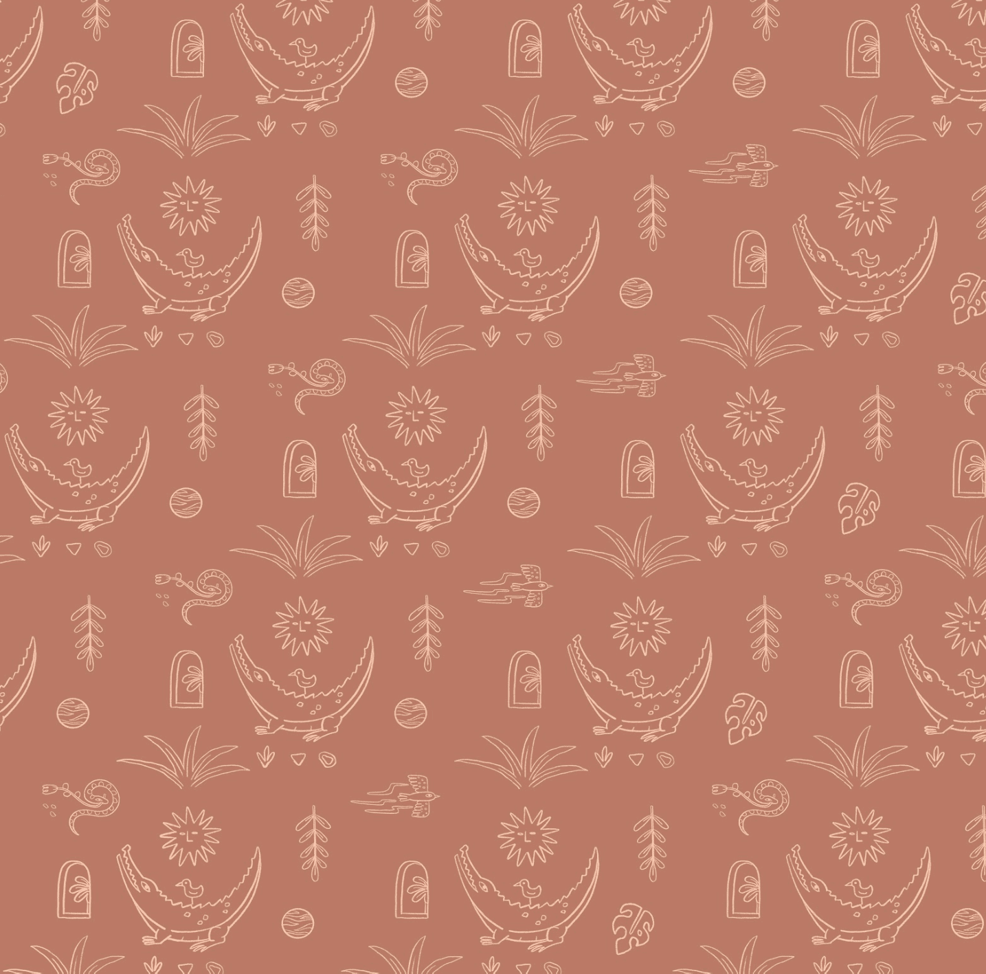 Pattern with line drawings of dinosaurs, plants, moons, and abstract shapes on a brown background.