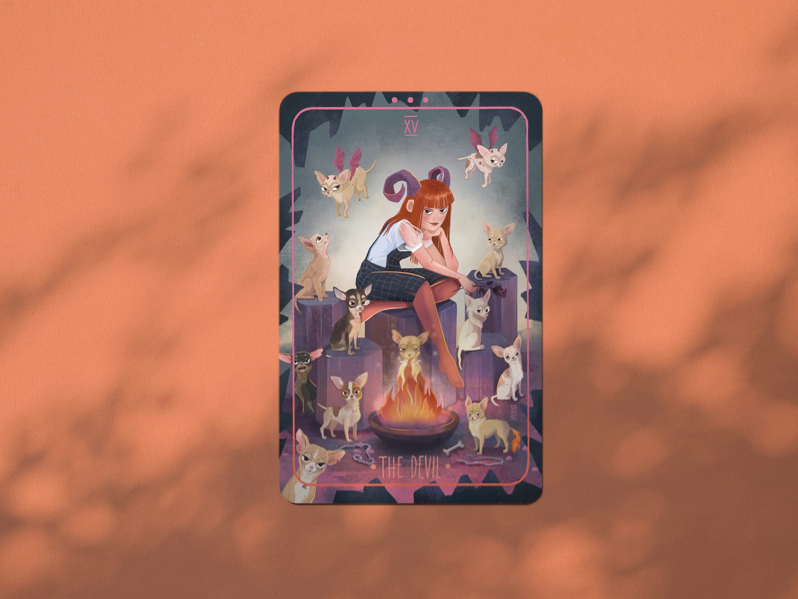 Major Arcana tarot card illustrated by Asia Orlando, featuring a girl and chihuahuas in a whimsical animal scene.