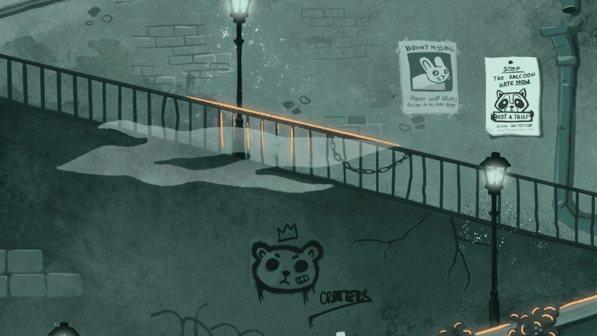 A dark urban scene at night showing a sidewalk with a streetlamp, graffiti of a bear's face with a crown and the word 'CRITTER', and posters on the wall, including a missing bunny notice and a raccoon poster.