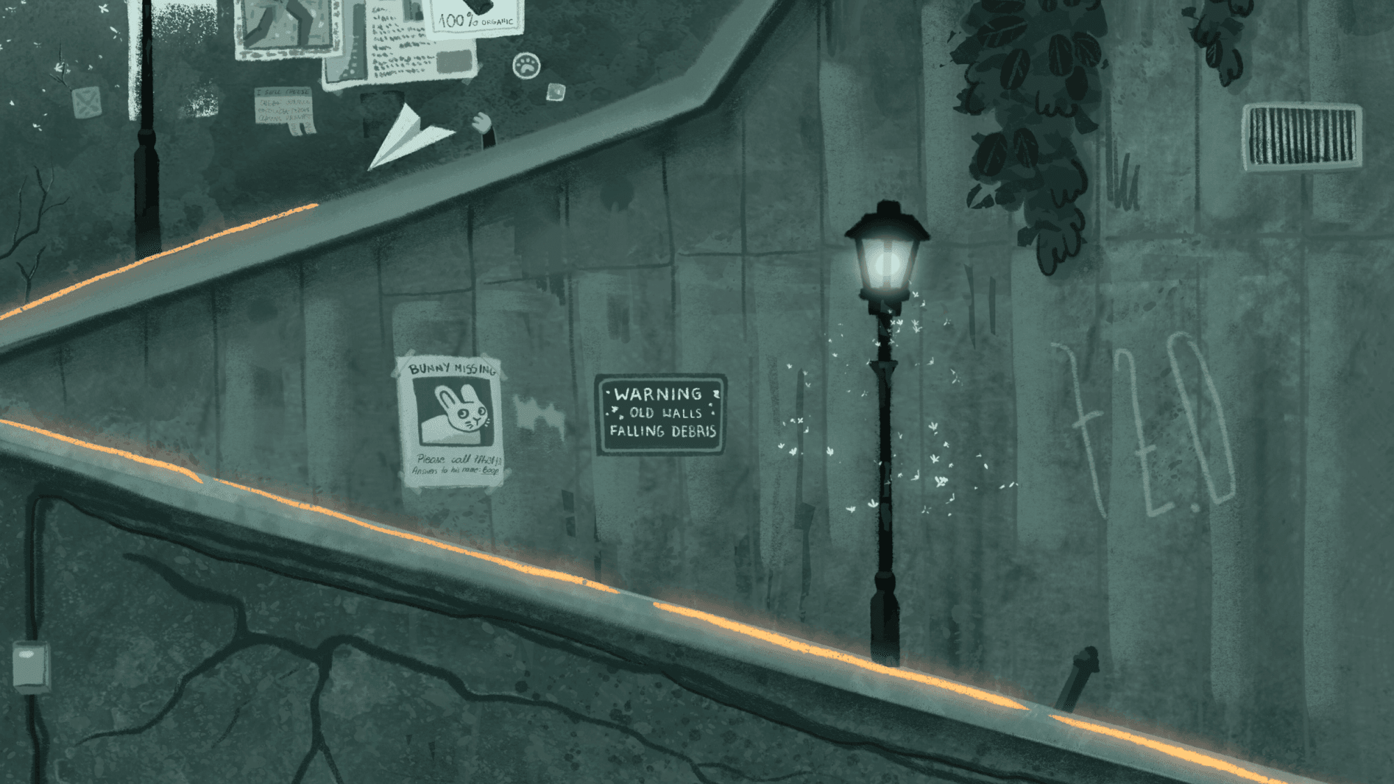 A dimly lit urban scene showing a cracked street with graffiti, a streetlamp, and a wall with posters and signs, including one warning of falling debris and another about a missing bunny.