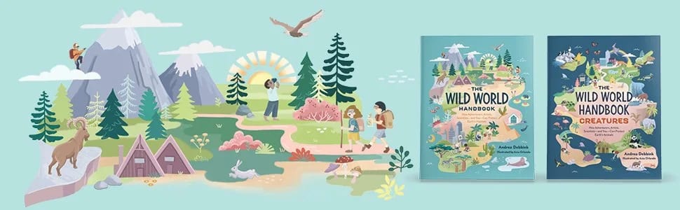 Illustration of a mountainous landscape with trees, animals, hikers, and a tent, featuring two book covers titled 'The Wild World Handbook' and 'The Wild World Handbook Creatures' by Andrea Debbink.