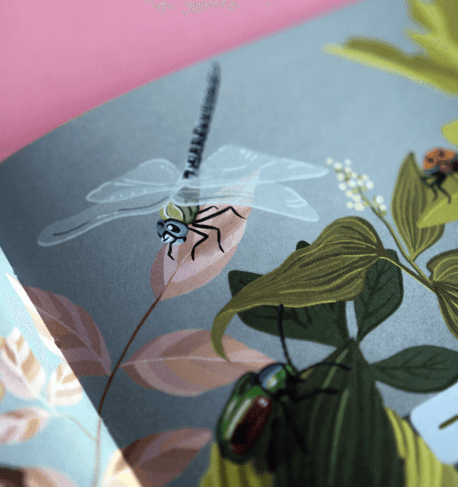 Illustration of various insects, including a dragonfly, beetle, and ladybug, among green foliage and branches.