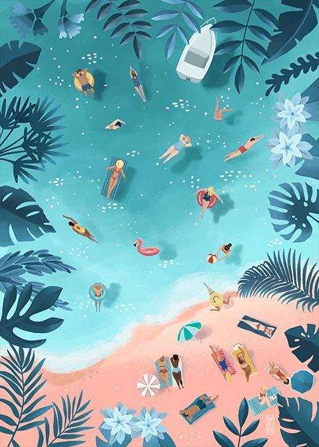 Illustration of a tropical beach with people swimming, sunbathing, and relaxing on the sand, surrounded by lush tropical foliage.
