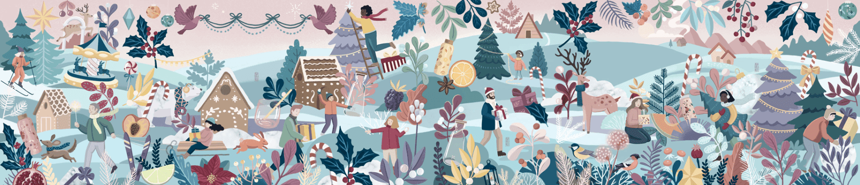 A festive winter scene with people engaging in holiday activities such as decorating, playing, and giving gifts amid snow-covered trees, gingerbread houses, ornaments, and holiday decorations.